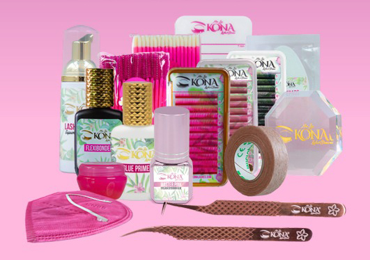 Kit profesional Techno Lash Artist de Kona Institute con fibras, primer, adhesivo, pinzas y accesorios