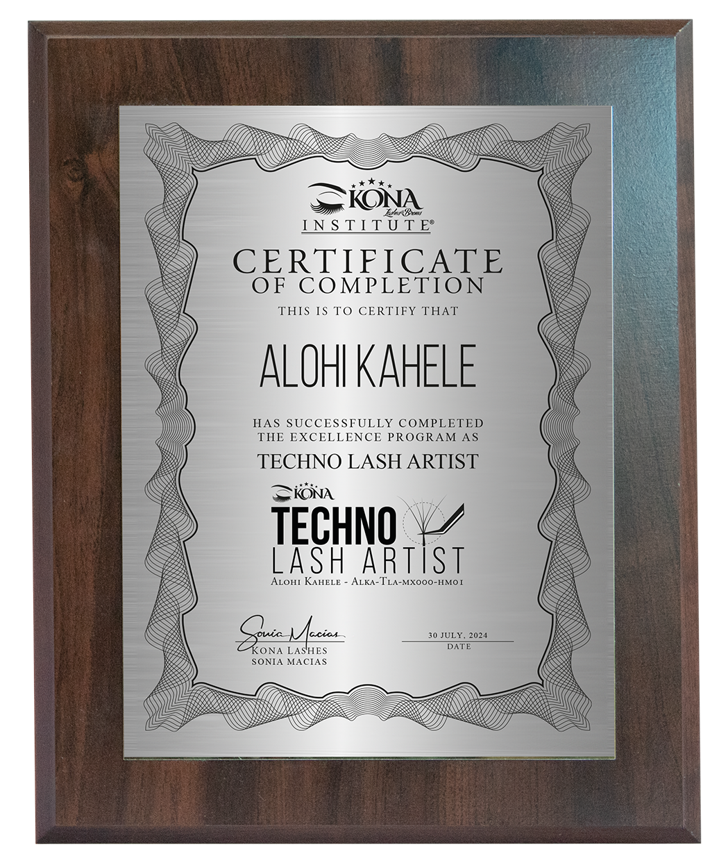 Certificado de completación como Techno Lash Artist emitido por Kona Institute